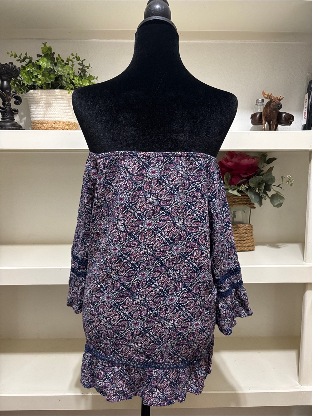 Hannah Navy Blue and Pink Paisley Off-Shoulder Blouse - Picture 2 of 7